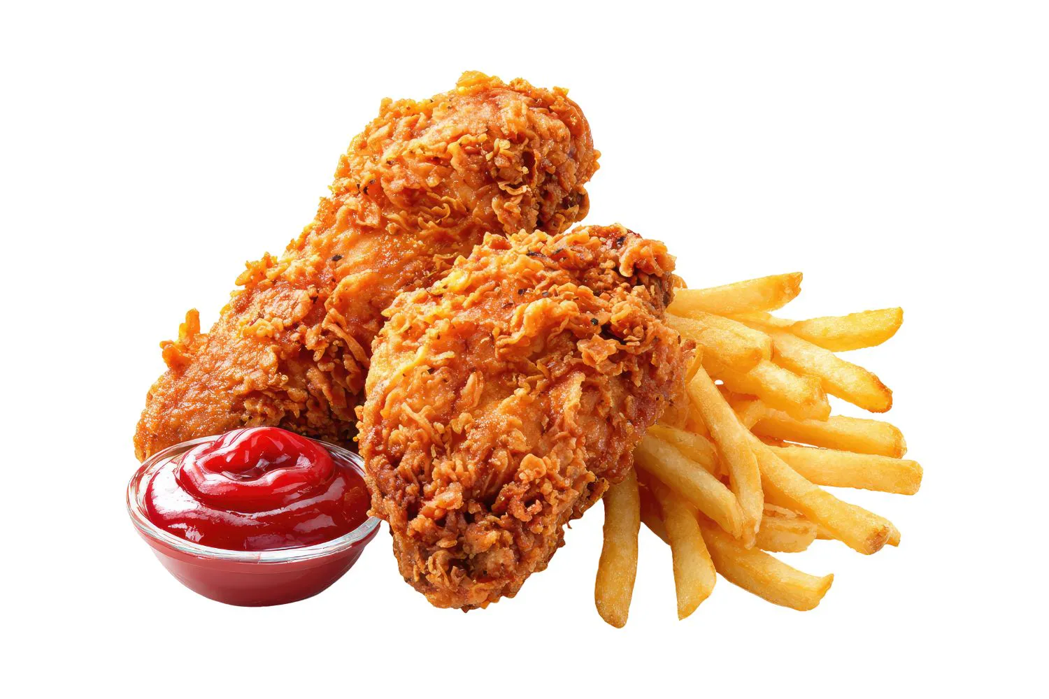 Two fried chicken pieces with fries and ketchup at Supreme Wings & More, a Fast-Food Restaurant in Columbus